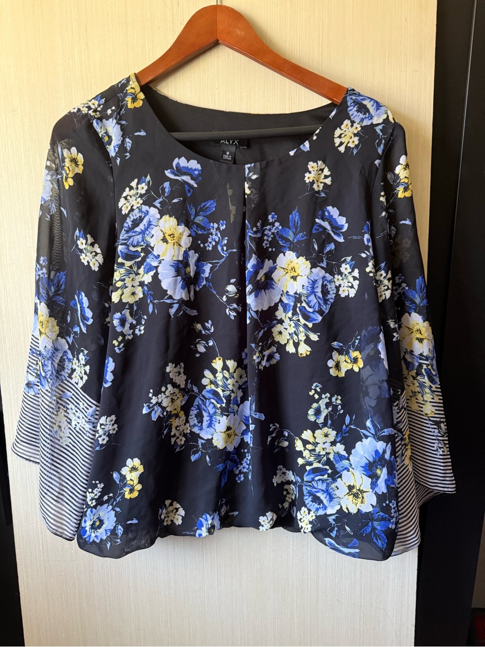 ALYX Black Floral Boatneck Blouse with Blue & Yellow Print